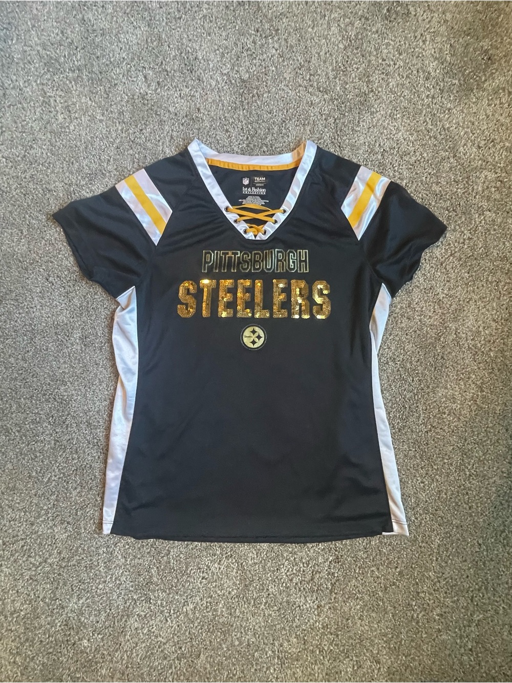 Pittsburgh Steelers NFL 1st and Fashion Women’s Black Lace-Up Sequin Jersey L